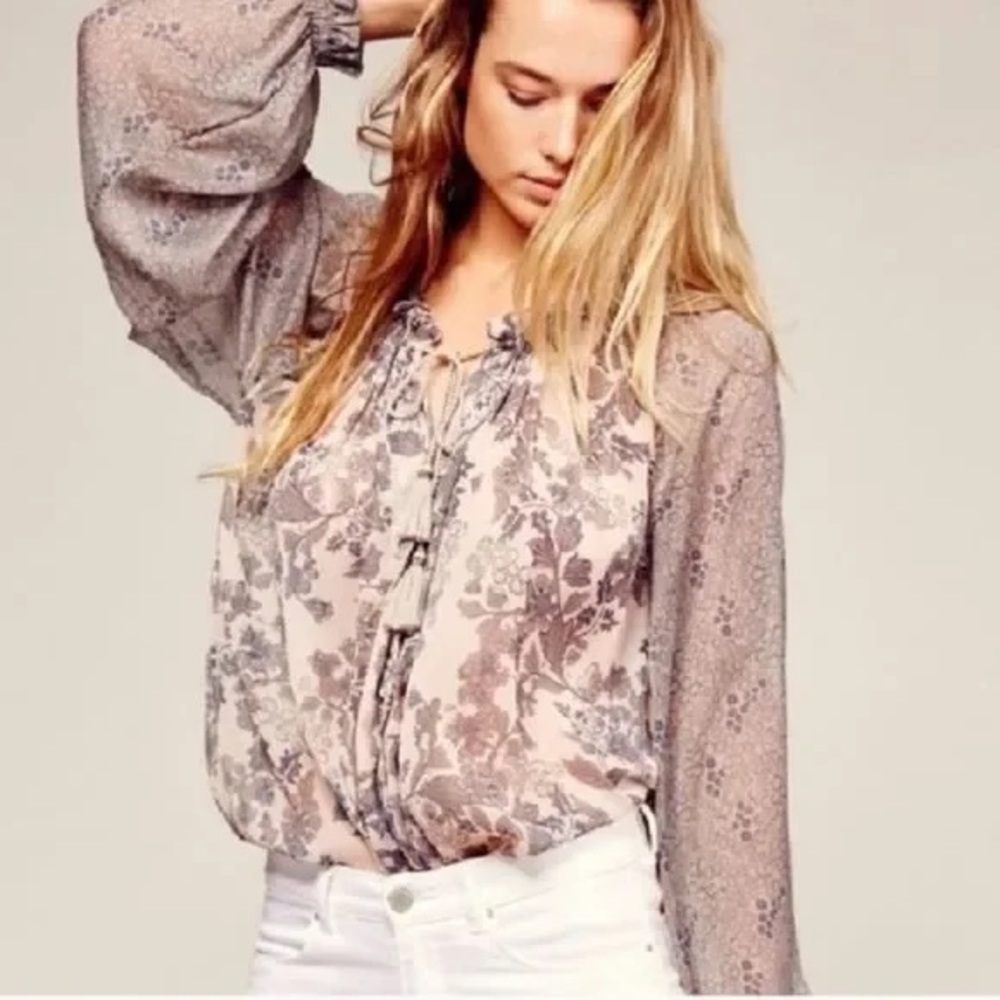 Free People Sheer Hendrix Printed Peasant Top with Keyhole Size Medium